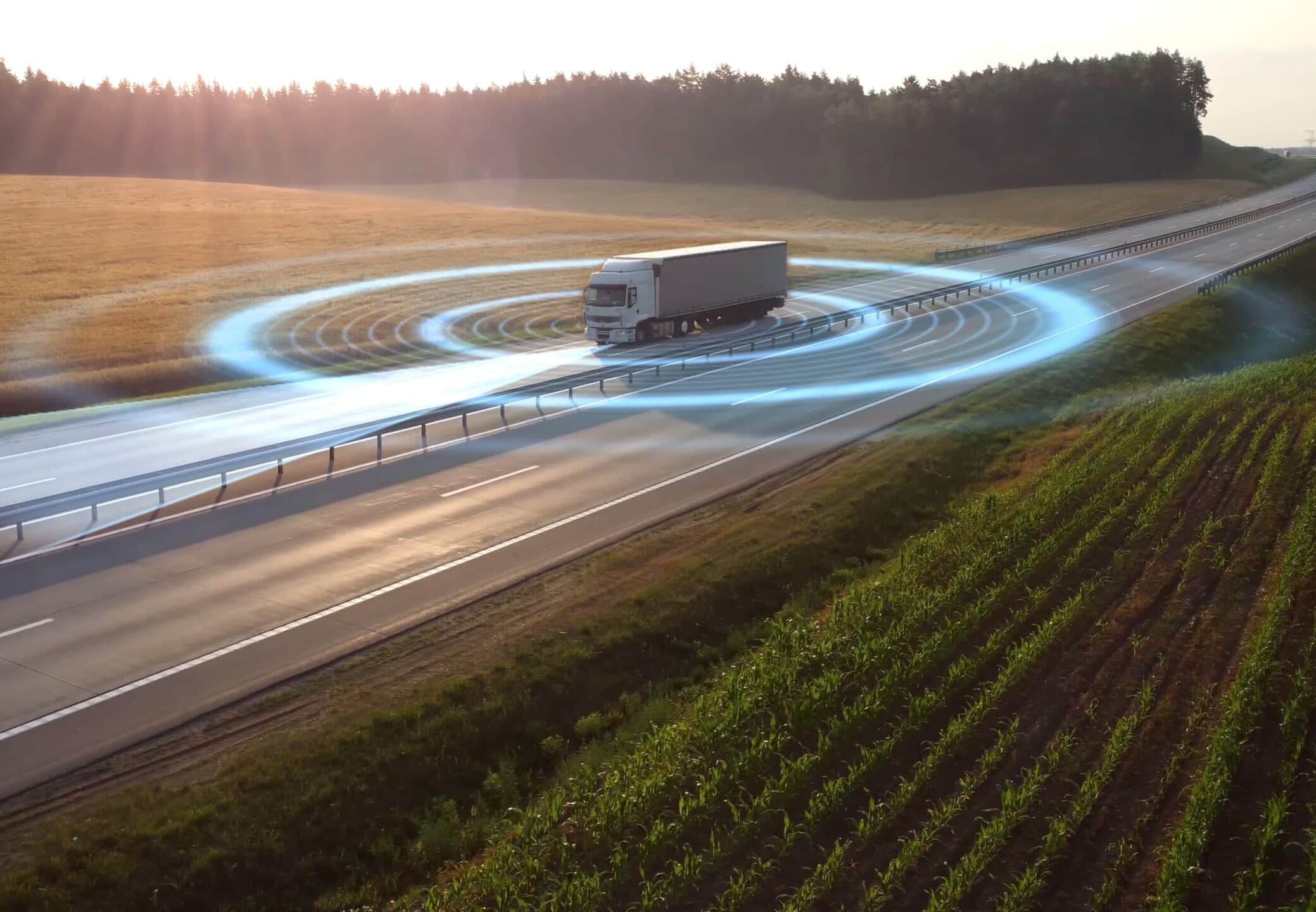 Aerial,View,Of,Autonomous,Truck,Driving,On,Autopilot,On,A