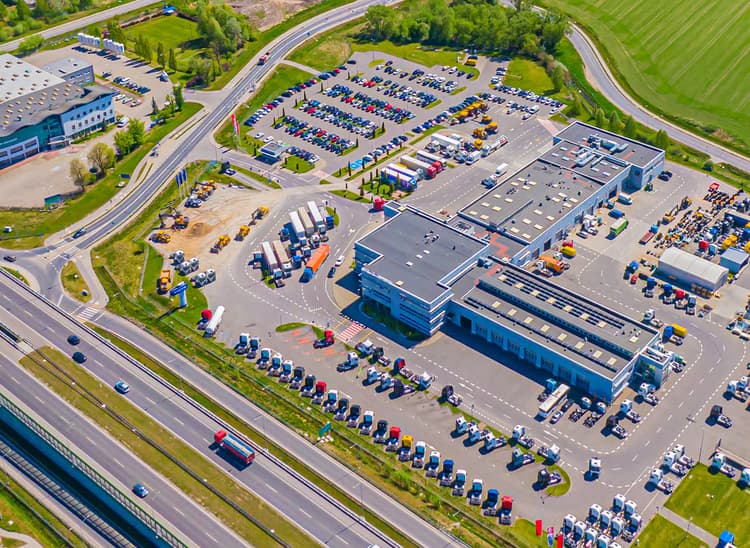 Aerial view of goods warehouse. Logistics center in industrial c